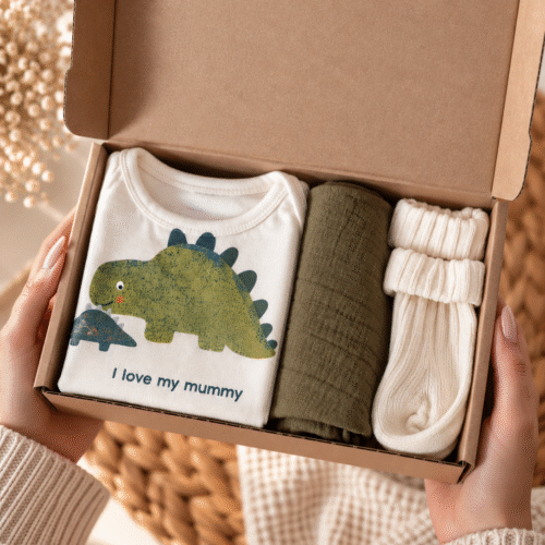 Brievenbus Kraamcadeau Dino met babyromper en babysokjes