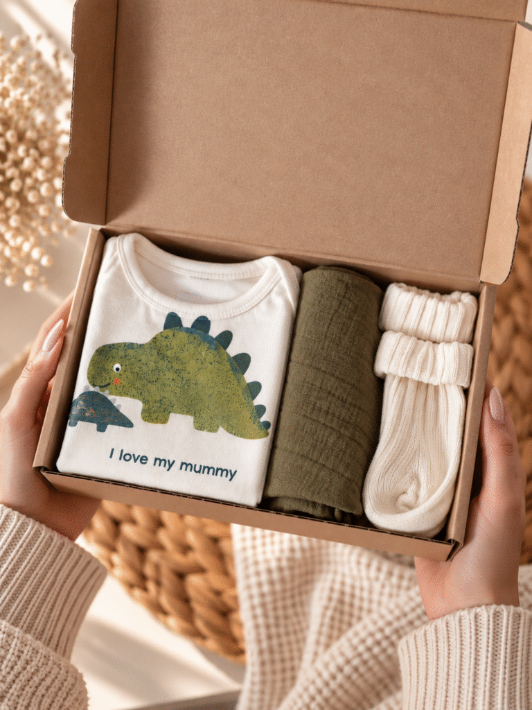 Brievenbus Kraamcadeau Dino met babyromper en babysokjes