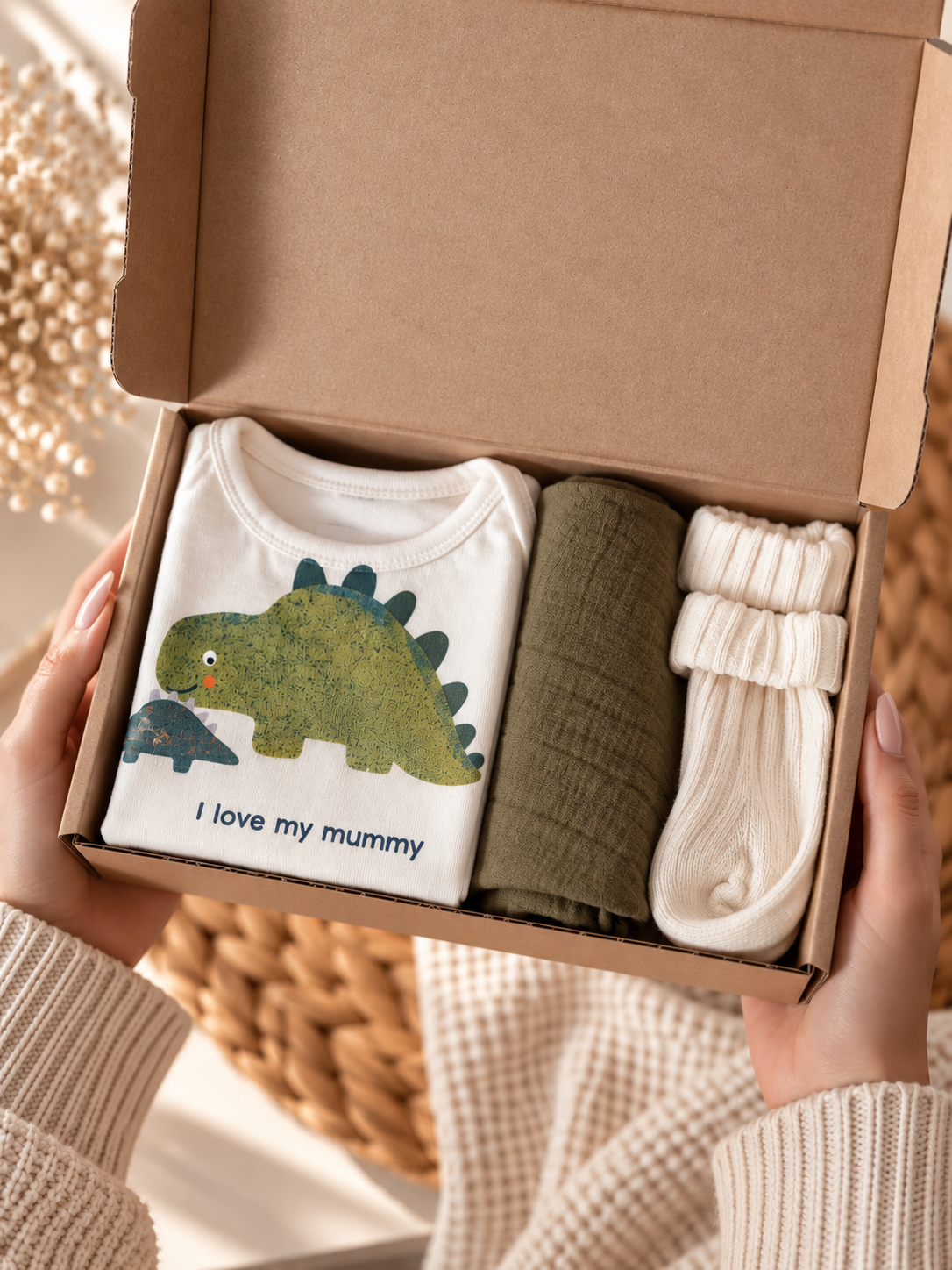 Brievenbus Kraamcadeau Dino Brievenbus Kraamcadeau Dino met babyromper en babysokjes