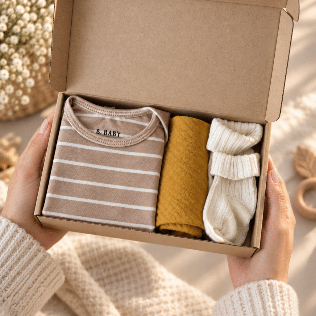 Brievenbus Kraamcadeau Natural met babyromper en babysokjes