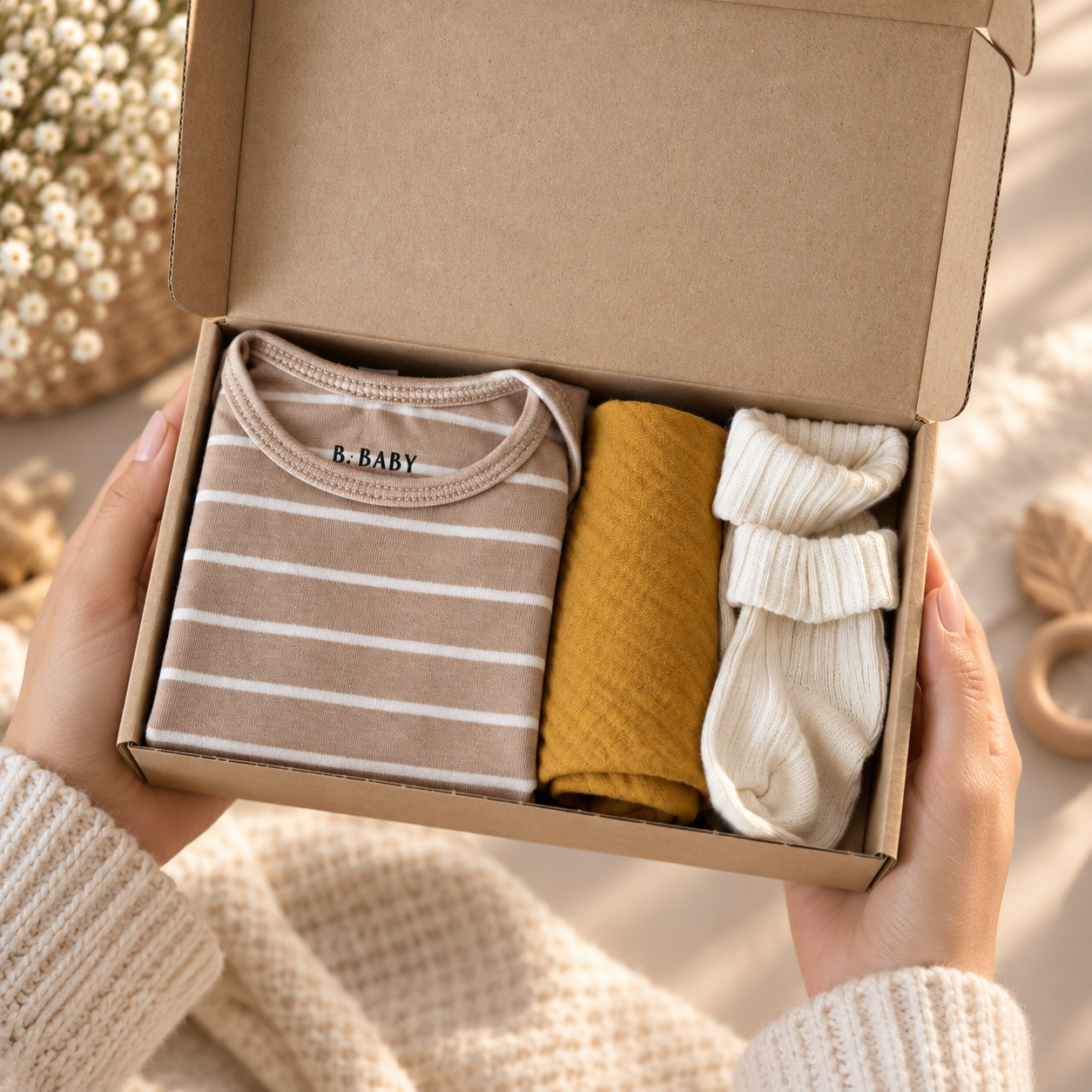 Brievenbus Kraamcadeau Natural Brievenbus Kraamcadeau Natural met babyromper en babysokjes