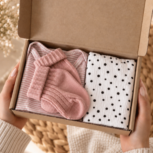 Roze kraamcadeau in stijlvolle kraft cadeaudoos