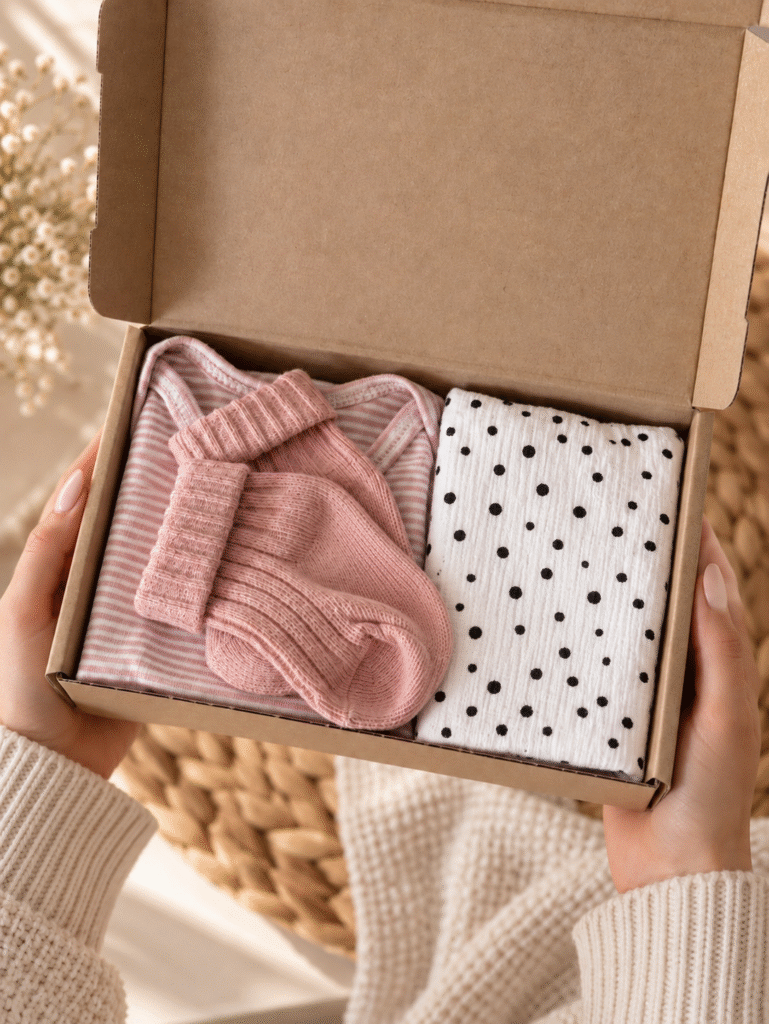 Roze kraamcadeau in stijlvolle kraft cadeaudoos